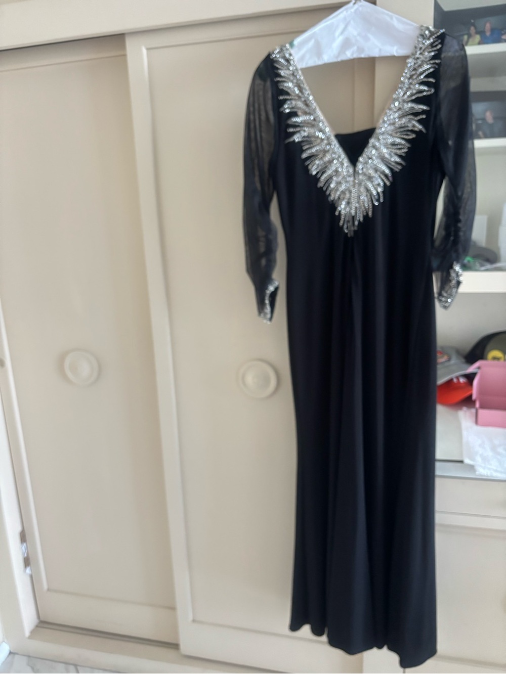 Black Maxi Dress with Silver Beaded V-Neckline